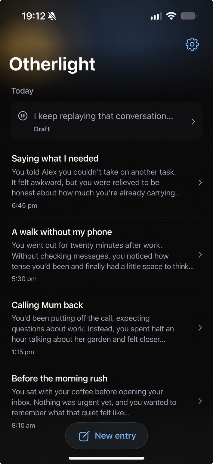 Otherlight in dark mode, showing a draft and a list of journal entries.