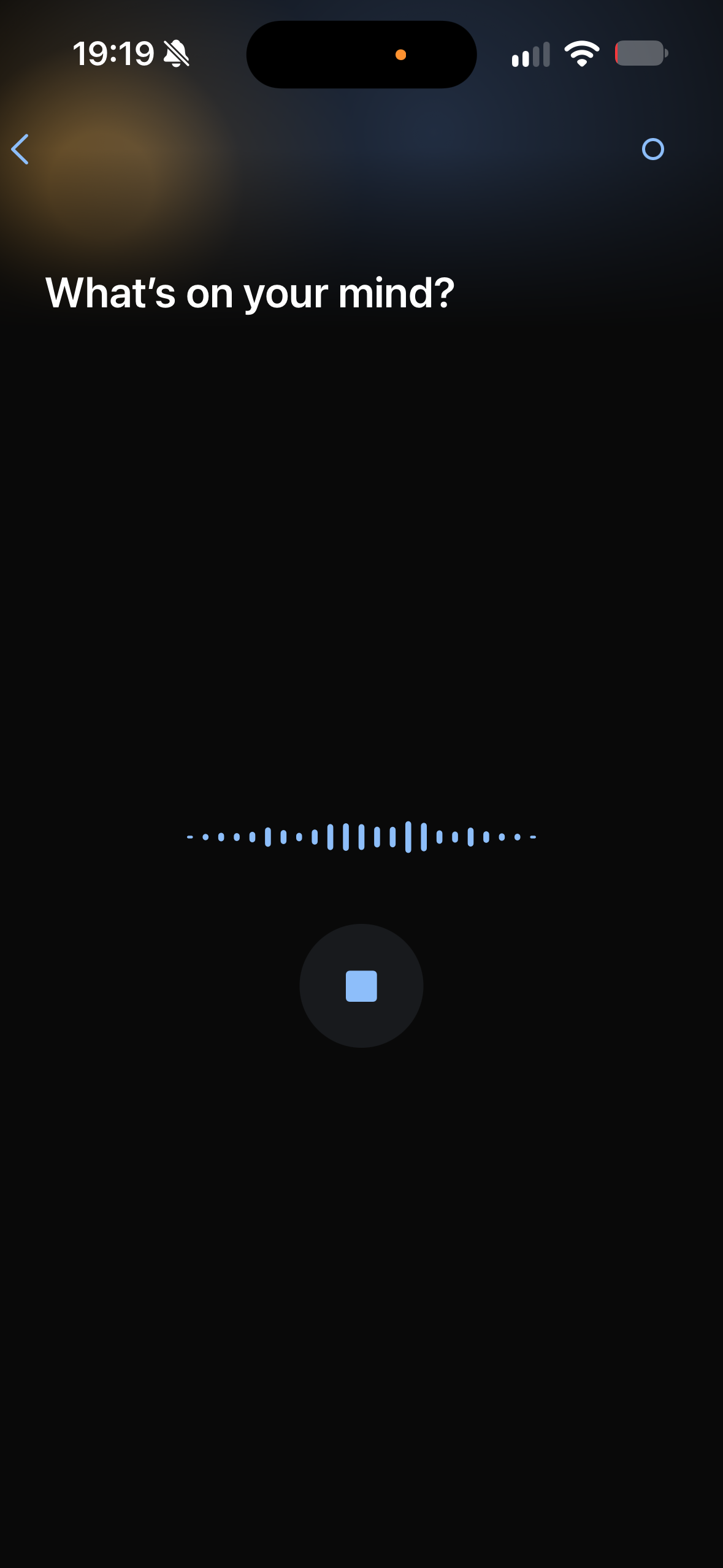 Otherlight in dark mode, showing the What's on your mind voice entry screen.